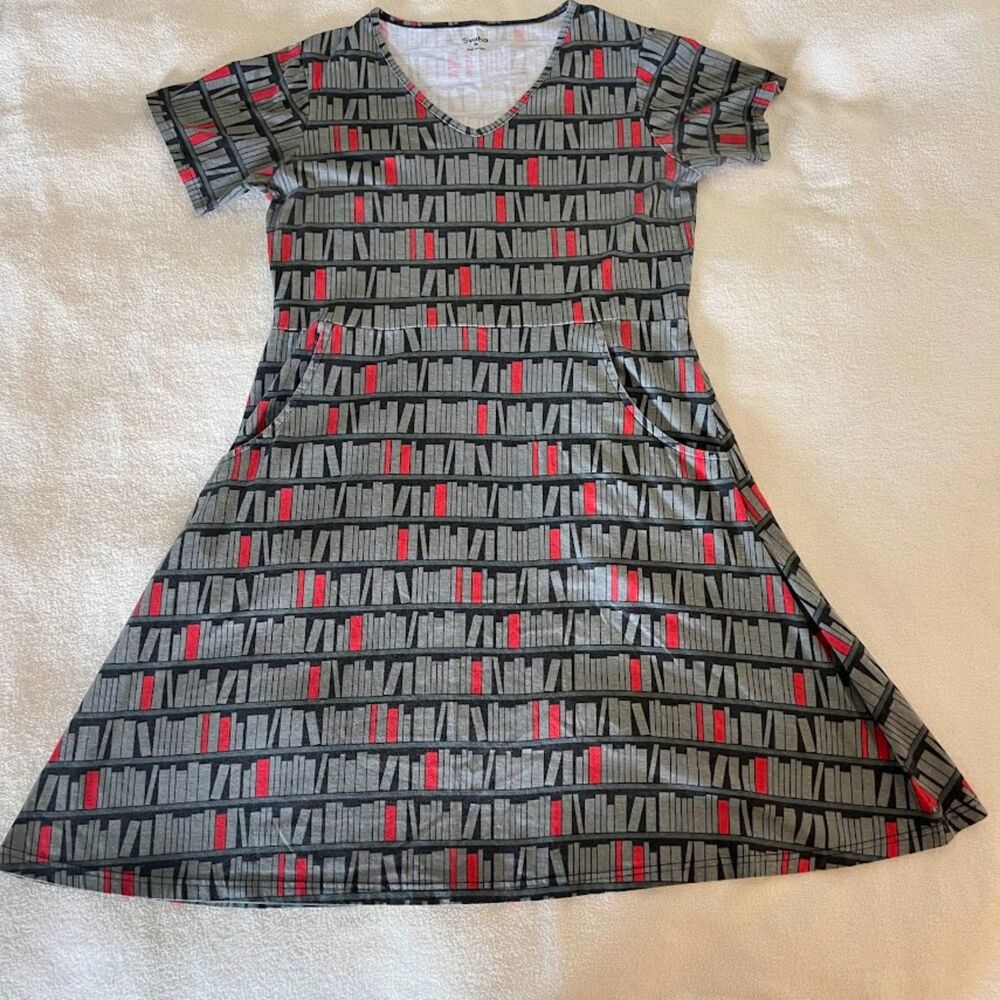 Svaha Fit and Flare Dress, Gray and Red Bookshelf Fabric, 100% Cotton, Size M